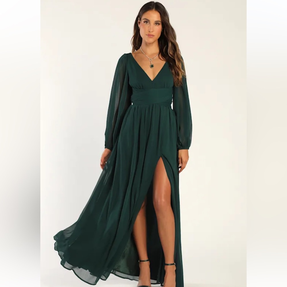 NWT Lulus - Enchant My Love Emerald Green V-Neck Long Sleeve Maxi Dress - S